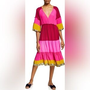 Figue Silk Crepe Pink Colorblock Gold Sequin Trim Midi Dress Bohemian | S